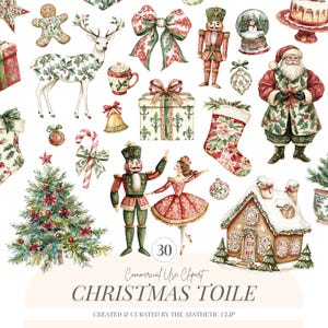 Toile Christmas Clipart | Festlig Chinoiserie | Nötknäppare Clipart | Vintage Jul | Jultomten | Järnek | Rött och grönt | 30 PNG