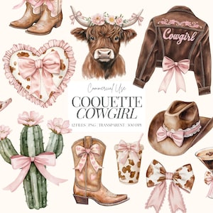 Coquette Cowgirl Clipart | Coquette Western PNG | Bow-girl | Bonjour la conception | Vache Highland | Rose Cowgirl PNG | noeud rose | 12 PNG