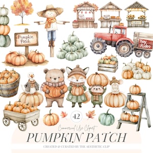 May include: A watercolour illustration with a pumpkin patch theme. It features pumpkins, scarecrows, market stalls, a tractor, and cute animal characters. The text "Pumpkin Patch" is displayed. The image is filled with autumnal colours.