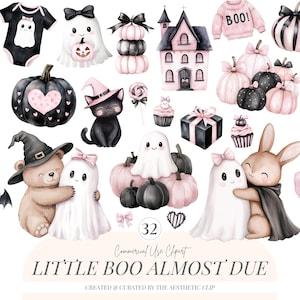 Könnte beinhalten: Eine Sammlung von Halloween-Illustrationen in Rosa, Schwarz und Weiß. Enthält Geister, Kürbisse, eine schwarze Katze, einen Bären, ein Kaninchen, ein Haus, Cupcakes und einen Pullover mit der Aufschrift "BOO!". Der Text "LITTLE BOO ALMOST DUE" ist ebenfalls vorhanden.