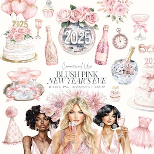 Ano Novo 2025 Clipart | Festa de Ano Novo Rosa | Celebração Rosa Blush | Clipart de Champanhe Rosa | Coquetéis Blush | Aquarela | 40 PNG