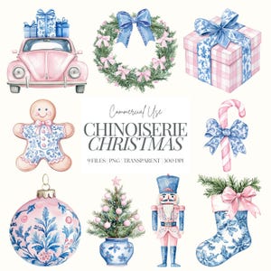 Chinoiserie Christmas Clipart | Toile de Natal | Grandmillenial Natal PNG | Natal Preppy | Natal Pastel | Aquarela | 9 PNG
