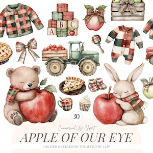 May include: Watercolor illustration featuring a collection of fall-themed elements. Includes a tractor, teddy bear, bunny, apples, pie, baby clothes, and alphabet blocks. The text "APPLE OF OUR EYE" is also present.
