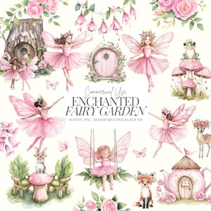 Clipart fata rosa / PNG giardino fatato / Fata carina acquerello / Case delle fate / Rana / Unicorno / Cervo / Coniglietto / Baby shower per bambine / 45 PNG
