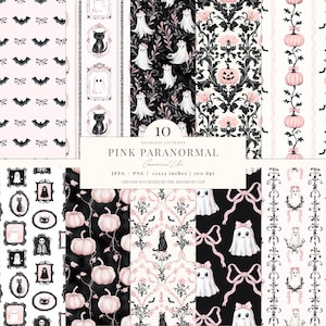 Motivo senza soluzione di continuità di Halloween / Carta digitale rosa preppy di Halloween / Sfondo di zucca / Motivo spettrale / Civetta / Fantasma / 10 JPEG / PNG