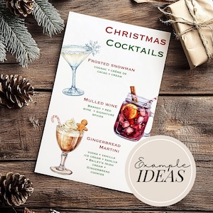 May include: A printable Christmas cocktail recipe card with watercolor illustrations of three different drinks: a frosted snowman, mulled wine, and a gingerbread martini. The card has the title "Christmas Cocktails" and lists the ingredients for each drink.