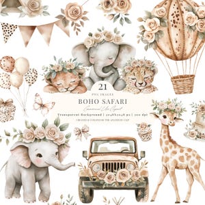 Clipart Boho Safari / Baby Shower Safari / Asilo nido nella giungla PNG / Safari neutro / Giungla Boho / Cuccioli di animali PNG / 21 PNG immagine 1