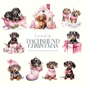 Hund Hund Clipart | Dackel Weihnachten | Dackel Dackel | Festliches Clipart-Bundle | Rosa Welpe | Rosa Weihnachten | Aquarell Hund | 9 PNG
