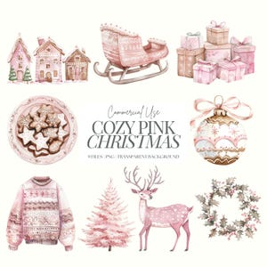 Clipart de Navidad acogedor rosa / Navidad neutra PNG / Navidad acuarela / Paquete de imágenes prediseñadas / Árbol de Navidad rosa / Presente / Corona / 9 PNG