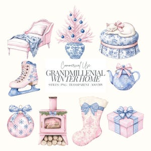 Grandmillenial kerstclipart | Chinoiserie kerst | Gezellige Hygge Winter | Toile Xmas-clipart | Roze en blauw | Aquarel | 9 png