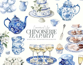 Blue Afternoon Tea Clipart | Teapot PNG | Chinoiserie High Tea | Bridal Shower Clipart | Watercolour | Cake | Champagne | Teacup | 45 PNG