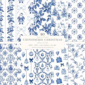 Patrón navideño chinoiserie / Papel digital navideño Toile / Grandmillenial / Cascanueces sin costuras / Papá Noel / Azul preppy / 10 JPEG / PNG