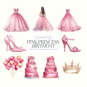 Rosa Prinzessin Clipart | Prinzessinnenparty | Rosa Geburtstag | Quinceanera Clipart-Bundle | Süße 16 | Tiara | Abendkleid | Geburtstag | 9 PNG