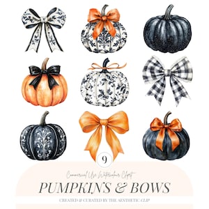 Könnte beinhalten: Aquarellillustration von neun Kürbissen und Schleifen in verschiedenen Stilen. Die Kürbisse sind orange, schwarz und weiß, mit dekorativen Mustern und Schleifen in Orange, Schwarz und Weiß. Der Text "PUMPKINS & BOWS" befindet sich unten.