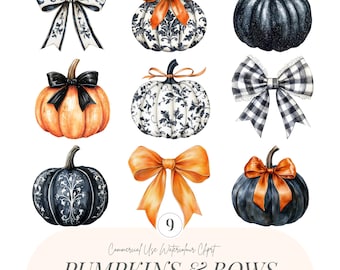 Watercolor Pumpkins And Bows Clipart | Coquette Pumpkins | Black Pumpkins | Moody Pumpkins | Fall PNG | Black Toile Fall Clipart | 9 PNG