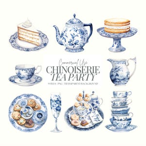 Clipart de chá da tarde azul | Bule PNG | Chá da tarde antigo | Pacote de clipart de chá de panela | Aquarela | Bolo | Chinoiserie | Xícara de chá | 9 PNG
