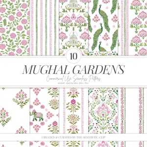 Carta digitale ispirata alla stampa a blocchi indiana / Motivi del giardino Mughal / Rosa / Elefante / Pavone / Floreale / Scrapbooking / 10 JPEG / PNG