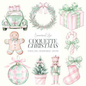 Kokette Weihnachten Clipart | Preppy Weihnachten | Grandmillenial Weihnachten PNG | Niedliche Rosa Grüne Weihnachten | Vintage Weihnachten | Zuckerstange | 9 PNG