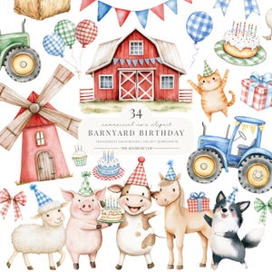 Clipart de cumpleaños de granja / Baby Shower de granja / Descarga digital / Clipart de granja linda / Clipart de fiesta infantil / 34 PNG