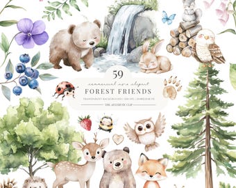 Pode incluir: Conjunto de cliparts em aquarela com animais da floresta, como um urso, uma raposa e uma coruja, juntamente com elementos florais e uma cachoeira. O texto diz "59 commercial art clipart FOREST FRIENDS".