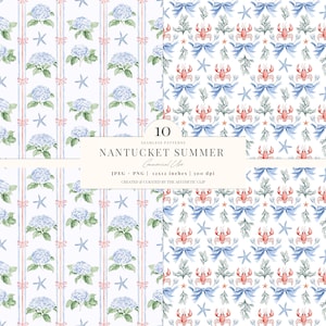 Coastal Digital Paper | Grandmillenial Pattern | Coquette Fisherman | Lobsters | Seamless | Coastal Grandma | Scrapbook | 10 JPEG | PNG image 2