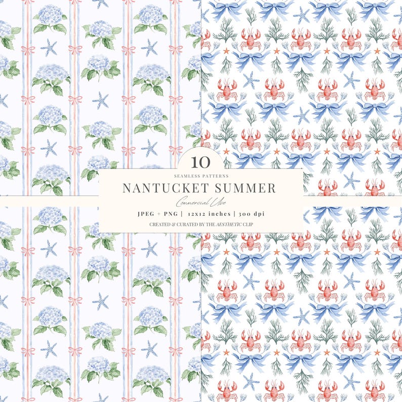 Coastal Digital Paper | Grandmillenial Pattern | Coquette Fisherman | Lobsters | Seamless | Coastal Grandma | Scrapbook | 10 JPEG | PNG image 2