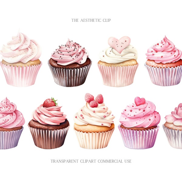 Cupcakes de la Saint-Valentin Clipart | Cupcakes roses PNG | Gâteries à l’aquarelle | Muffins Coeur | Cuisson rose | Amour petits gâteaux | Rose Doux | Coeur d'amour