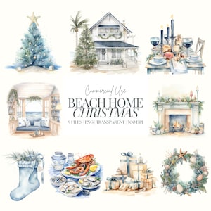 Clipart di Natale costiero / PNG di Natale oceanico / Natale blu e bianco / Pacchetto clipart nautico / Conchiglie / Casa sulla spiaggia festosa / Frutti di mare