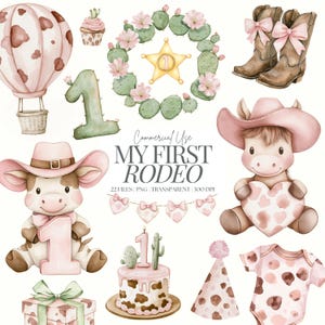 Il mio primo compleanno da rodeo / Clipart da cowgirl / Festa per bambine in stile western / Stivali da cowboy / Compleanno nel selvaggio West in formato PNG / Cowgirl rosa / 22 PNG