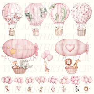 Puede incluir: Globos aerost&aacute;ticos rosas y blancos con personajes de animales, incluyendo una jirafa, un elefante, un le&oacute;n y un panda, est&aacute;n volando en el cielo con globos rosas.