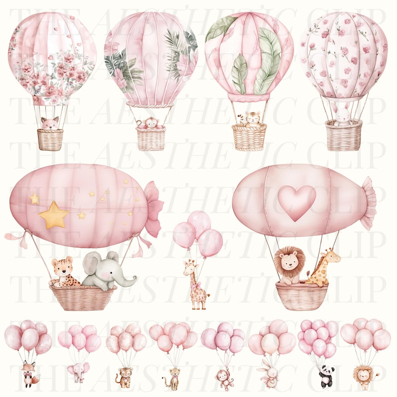 Puede incluir: Globos aerost&aacute;ticos rosas y blancos con personajes de animales, incluyendo una jirafa, un elefante, un le&oacute;n y un panda, est&aacute;n volando en el cielo con globos rosas.