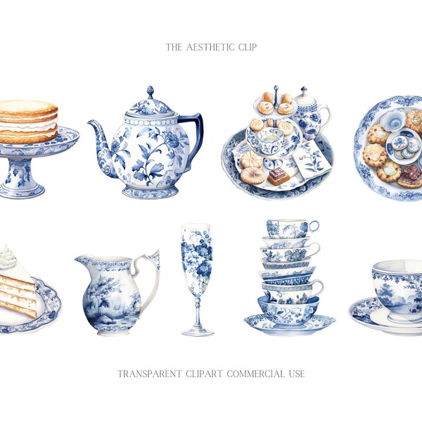 Blue Afternoon Tea Clipart | Teapot PNG | Antique High Tea | Bridal Shower Clipart Pack | Watercolour | Cake | Chinoiserie | Teacup | Spring