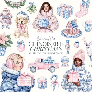Clipart Noël chinoiseries | Toile de Noël | Noël du Grand millénaire PNG | Noël BCBG | Noël pastel | Aquarelle | 40 PNG