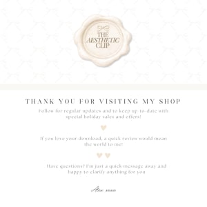 K&ouml;nnte beinhalten: Ein cremefarbenes Siegel mit dem Text "THE AESTHETIC CLIP" in einem kreisf&ouml;rmigen Design. Darunter steht der Text "THANK YOU FOR VISITING MY SHOP" und weitere Kundendienstinformationen. Der Hintergrund hat ein sich wiederholendes Schleifenmuster.