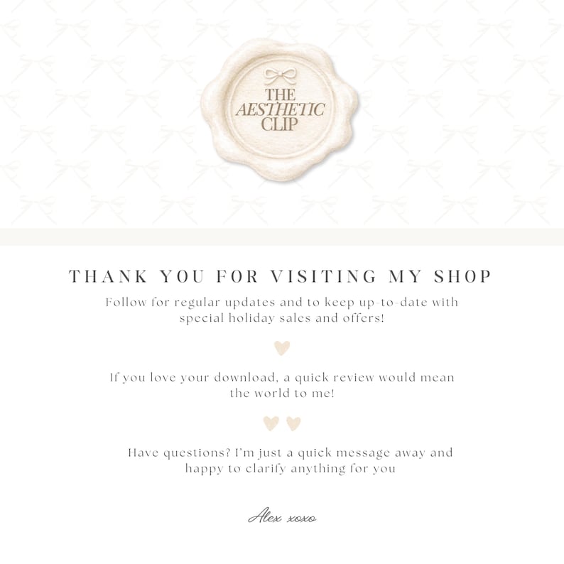 K&ouml;nnte beinhalten: Ein cremefarbenes Siegel mit dem Text "THE AESTHETIC CLIP" in einem kreisf&ouml;rmigen Design. Darunter steht der Text "THANK YOU FOR VISITING MY SHOP" und weitere Kundendienstinformationen. Der Hintergrund hat ein sich wiederholendes Schleifenmuster.