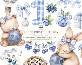 Primo compleanno di bacche / PNG trasparente / Clipart di mirtilli / Baby shower dolce di bacche Png / Berry One / Sweet One / Mirtilli / 20 PNG