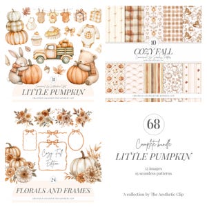 May include: Watercolor illustrations and patterns with a fall theme. The image includes pumpkins, a truck, a bear, a bunny, baby clothes, and floral arrangements. Text includes "LITTLE PUMPKIN", "COZY FALL", and "FLORALS AND FRAMES".