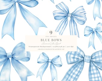 Blue Bow Clipart | Watercolor Bows | Coquette Bows Clipart | Blue Ribbon PNG | Baby Shower Clipart | Pastel Blue Bow | Soft Girl Era | 9 PNG