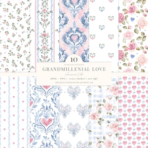 Può includere: Una collezione di dieci motivi senza cuciture in colori pastello. I disegni includono motivi floreali, a cuore e damascati in rosa e blu. Il testo recita "GRANDMILLENIAL LOVE" e "Commercial Use". I modelli sono 30,48 cm x 30,48 cm.