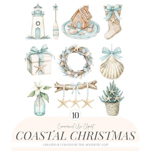 Coastal Christmas Clipart | Ocean Christmas PNG | Beach Christmas PNG | Nautical Clipart | Watercolor Beach Xmas | Xmas In July | 10 PNG