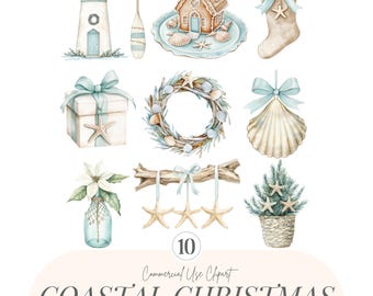 Coastal Christmas Clipart | Ocean Christmas PNG | Beach Christmas PNG | Nautical Clipart | Watercolor Beach Xmas | Xmas In July | 10 PNG