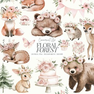 Boho Woodland Clipart | Pink Forest Animals | Girl Woodland Baby Shower | Pink Nursery Clipart | Floral Woods | Baby Animals PNG | 20 PNG