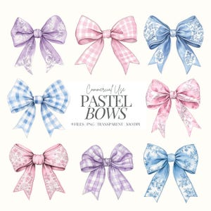 Grandmillenial Bogen Clipart | Aquarell Bögen | Kokette Bögen Clipart | Pastell Farbband PNG | Blau |  Lila | Rosa | Toile Baby Mädchen | 9 PNG