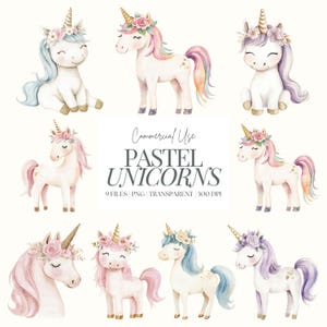 Einhorn Clipart | Rosa Einhorn PNG | Aquarell Einhorn Clipart | Lila Einhorn | Blaues Einhorn | Baby-Einhorn | Einhorn Kinderzimmer | 9 PNG