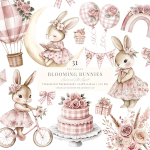Clipart di coniglietto rosa carino / Coniglietto boho / Coniglietta ballerina / Baby shower con coniglio / PNG per cameretta dei bambini / Coniglietto floreale / Compleanno di una bambina / 31 PNG