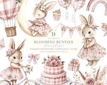 Clipart di coniglietto rosa carino / Coniglietto boho / Coniglietta ballerina / Baby shower con coniglio / PNG per cameretta dei bambini / Coniglietto floreale / Compleanno di una bambina / 31 PNG