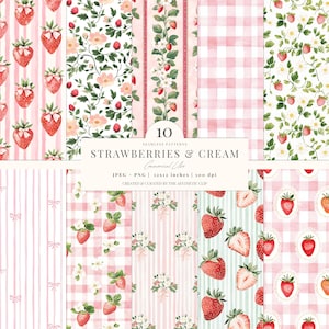 イチゴのデジタルペーパー | ベリースイートパターン | グランドミレニアルペーパー デジタルダウンロード | イチゴシームレス | スクラップブック | JPEG 10枚 | PNG
