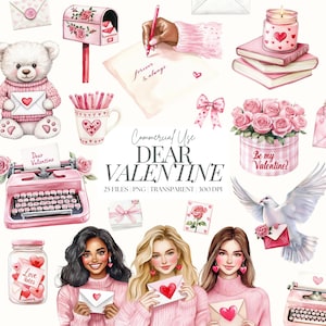 Clipart del día de San Valentín / Clipart de carta de amor / Clipart romántico / Chica planificadora de San Valentín PNG / Corazones de amor / Clipart de publicación romántica / 25 PNG