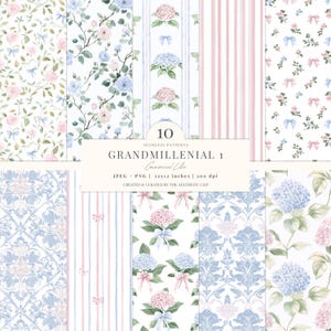 Florales Digitales Papier | Grandmillenial Muster | Hortensie | Rosen | Nahtloses Papier | Cottagecore | Pastell | Bögen | Sammelalbum | 10 JPEG | PNG