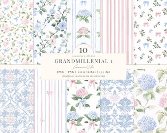 Floral Digital Paper | Grandmillenial Pattern | Hydrangea | Roses | Seamless Paper | Cottagecore | Pastel | Bows | Scrapbook | 10 JPEG | PNG